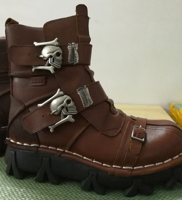 Men's Genuine Leather with Skull buckles - Military Punk Boots - 2 colors